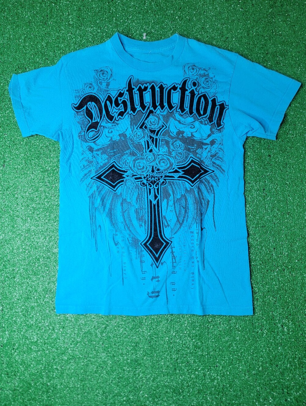 Y2K Destruction Cross Rose Wings Men's Graphic T-Shirt Size Small Blue Black